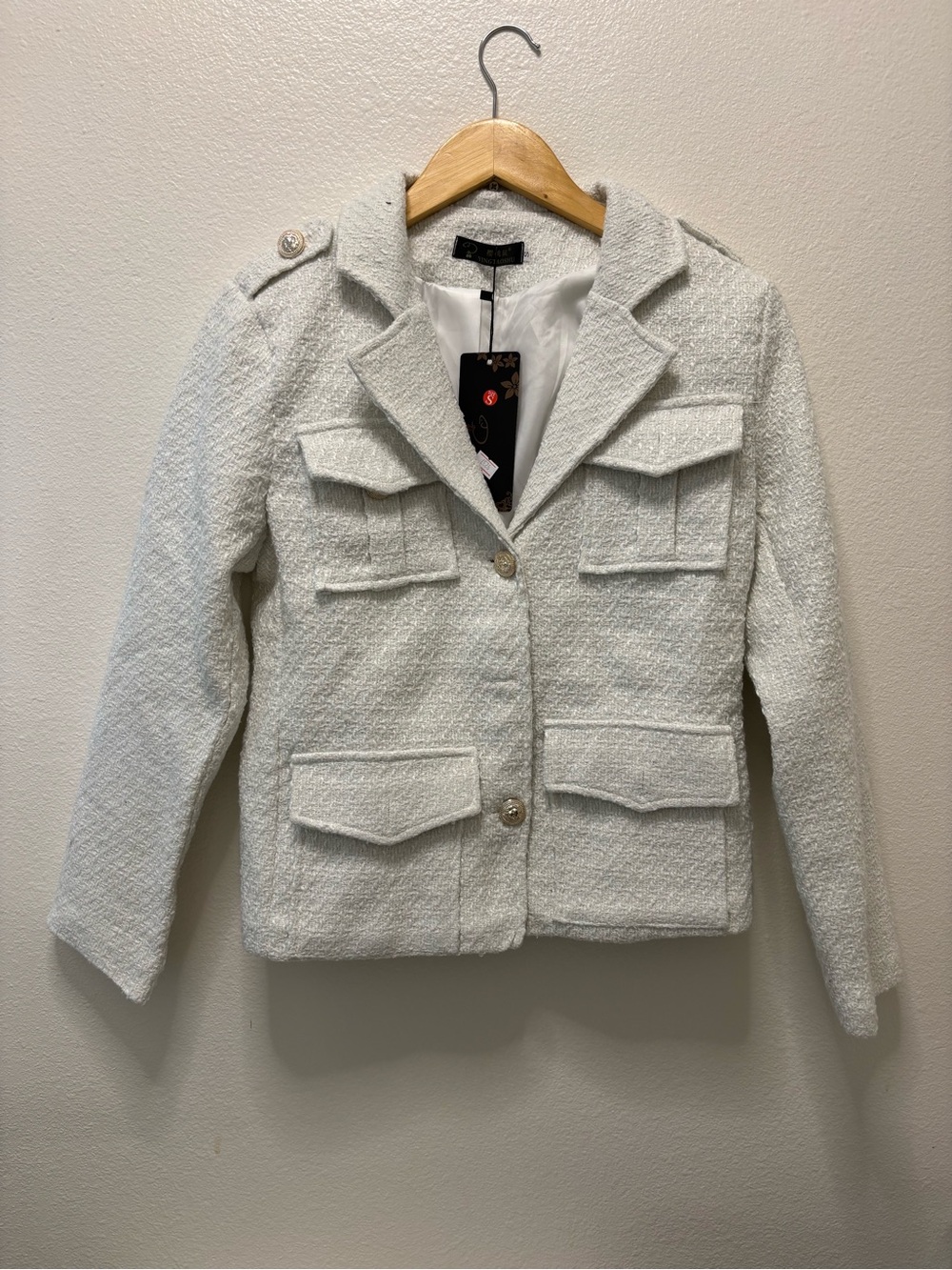 Macy's Cream Bouclé Military-Style Pocket Blazer